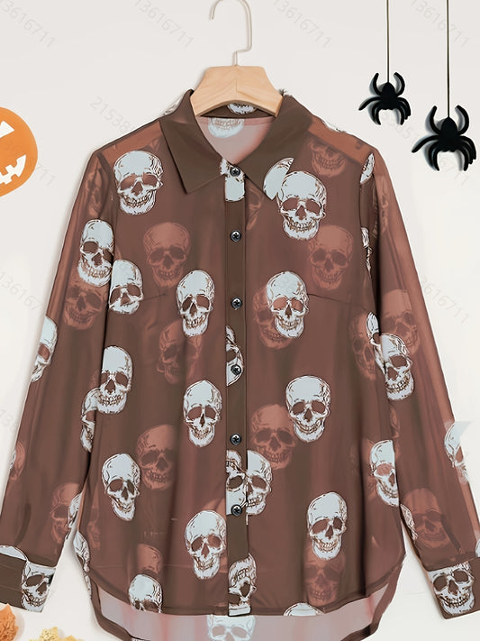 Women'S Elegant Halloween Skull Print Shirt, 100% Polyester Linen Blend, All-Season Lapel Collar, Woven Fabric, 180gsm - Adult Fashion Top