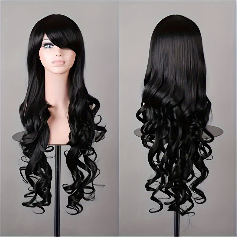 Luxurious Purple Long Wavy Halloween Wig for Women - Heat Resistant Synthetic Hair with Bangs, Adjustable Cap, Perfect for All Ethnicities