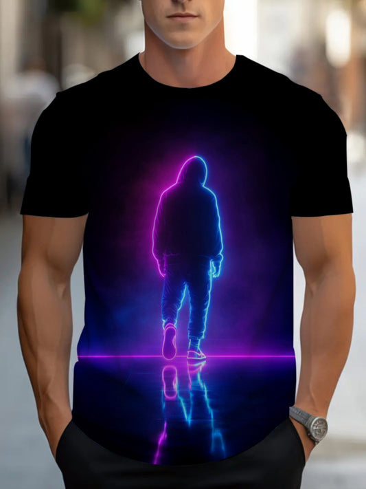 Men'S Neon Silhouette Graphic T-Shirt - Trendy Black Casual Sport Tee with Vibrant Pink & Blue Glow Design, Short Sleeve, Round Neck, Perfect for Everyday Wear, Everyday Tshirt | Trendy Casual Shirt | Stretchy Fabric