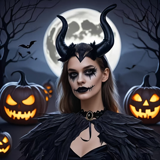3pcs Devil Costume Accessory Set for Men and Women, Including Demon Horn Headband, Gothic Black Faux Feather Cape, and Gothic Lace Necklace; Perfect for Halloween, Role Play, Masquerade Parties, Demon Queen Makeup, and Wizard