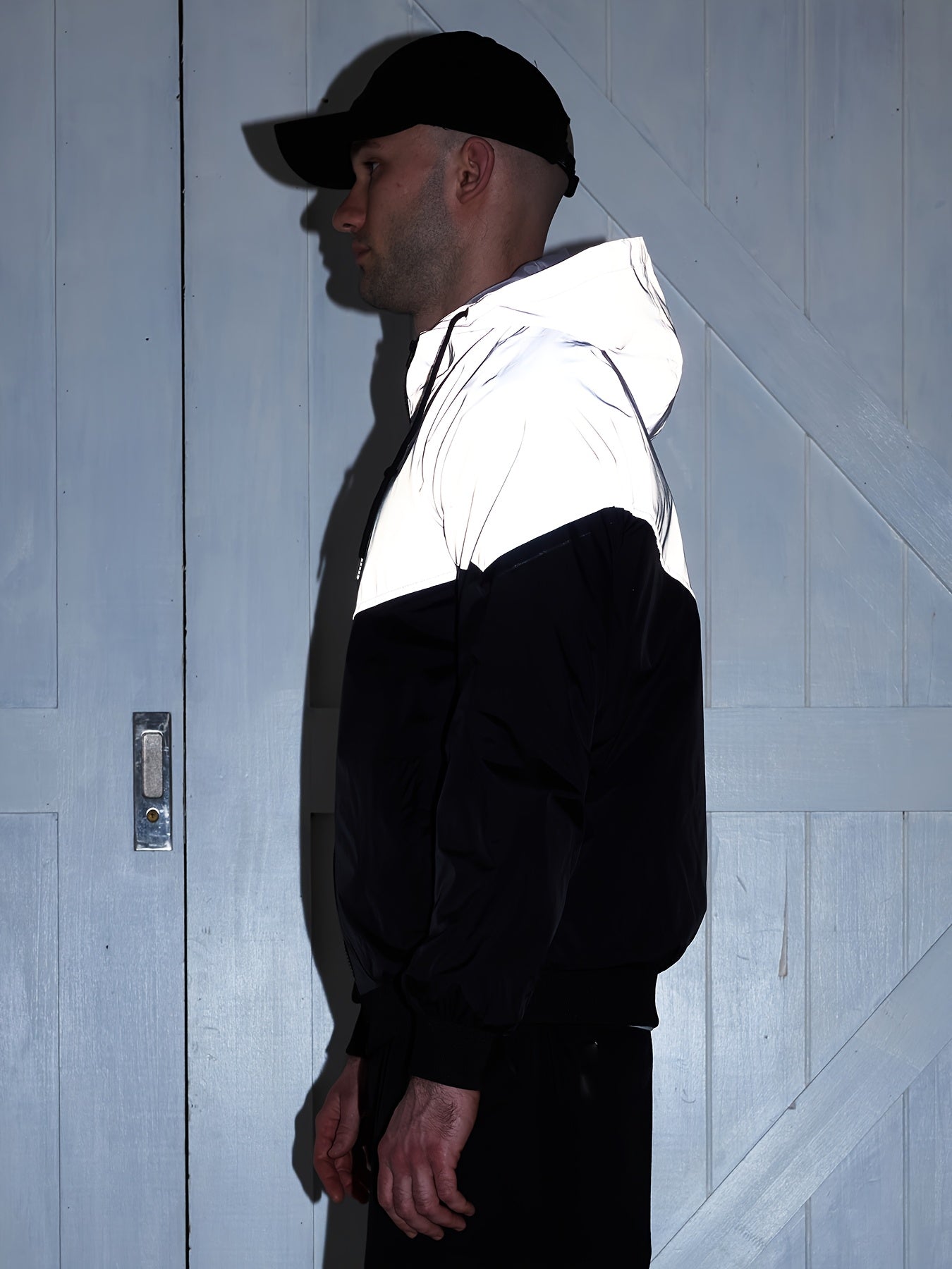 Men's Reflective Windproof Hooded Jacket - Stylish Black & White Gradient Design, Soft Shell for Spring/Fall Sports, Casual Loose Fit with Pockets, Windbreaker Jacket