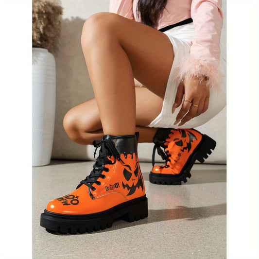 Trendy Plus Size Women's Halloween Print Lace-Up Boots - Thick Low Heel Round Toe PU Cover Short Boots with Rubber Sole, All-Season Comfort for Casual & Festive Occasions