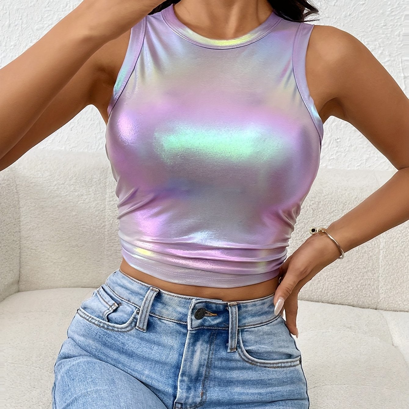 Women'S Fashion Metallic Holographic Crop Top, Polyester 97% Spandex 3% Knit Fabric, Crew Neck Sleeveless Pullover Vest for All Seasons