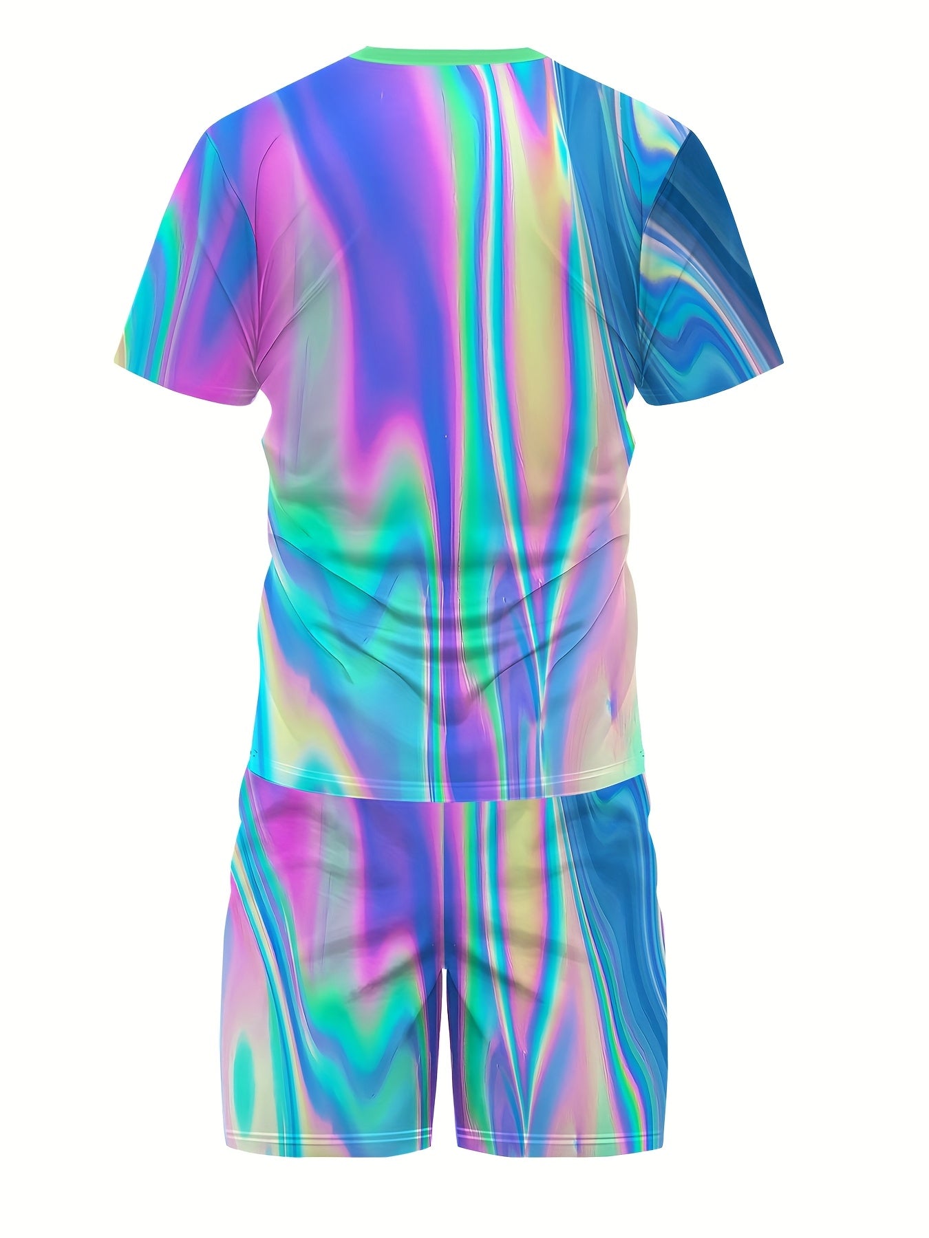 Men'S Vibrant 3D Neon Print Casual Shorts & T-Shirt Set - Stretchy, Anti-Pilling Fabric, White Sneakers, Perfect for Streetwear & Casual Attire, Streetwear Outfit|Vibrant Print Design|Stretchy Fabric