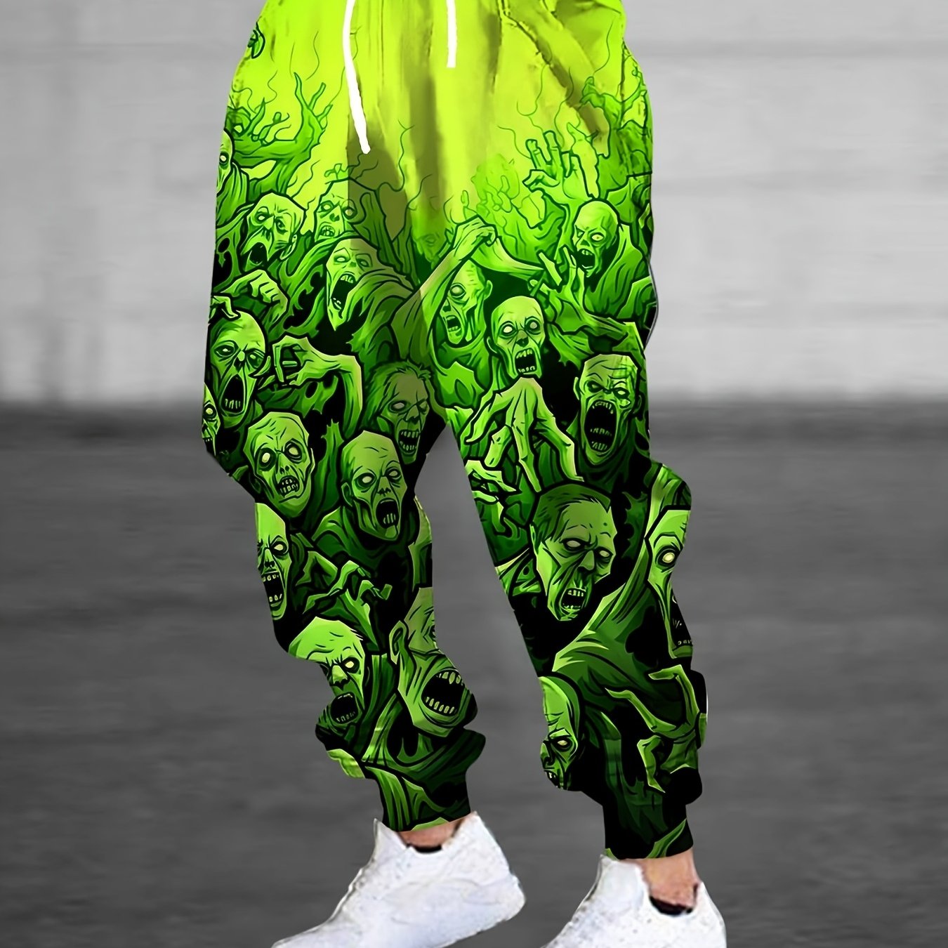 Men's 3D Zombie Horde Print Joggers - Neon Green Casual Pants with Drawstring Waist & Pockets, Full-Body Graphic Design, Regular Fit for Lounge, Gym, or Streetwear - Machine Washable, Jogging Pants, Adjustable Comfort Fit