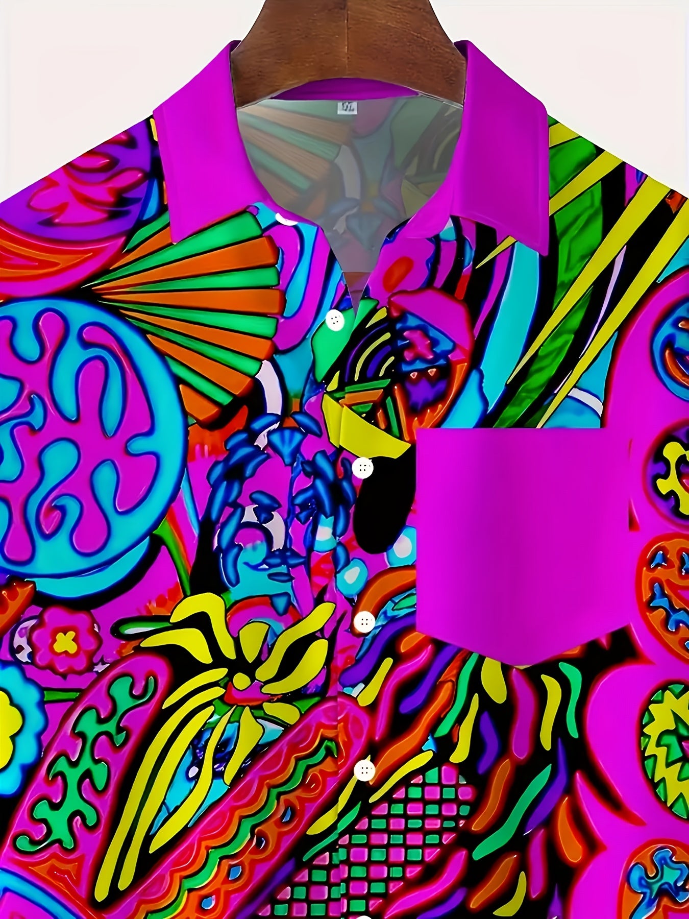 Men's Vintage Neon Abstract Shirt - Bold 3D Digital Print Button-Up Collar - Lightweight Polyester Formal & Casual Summer Shirt - Machine Washable Everyday & Evening Outfits, Smooth Texture Fabric