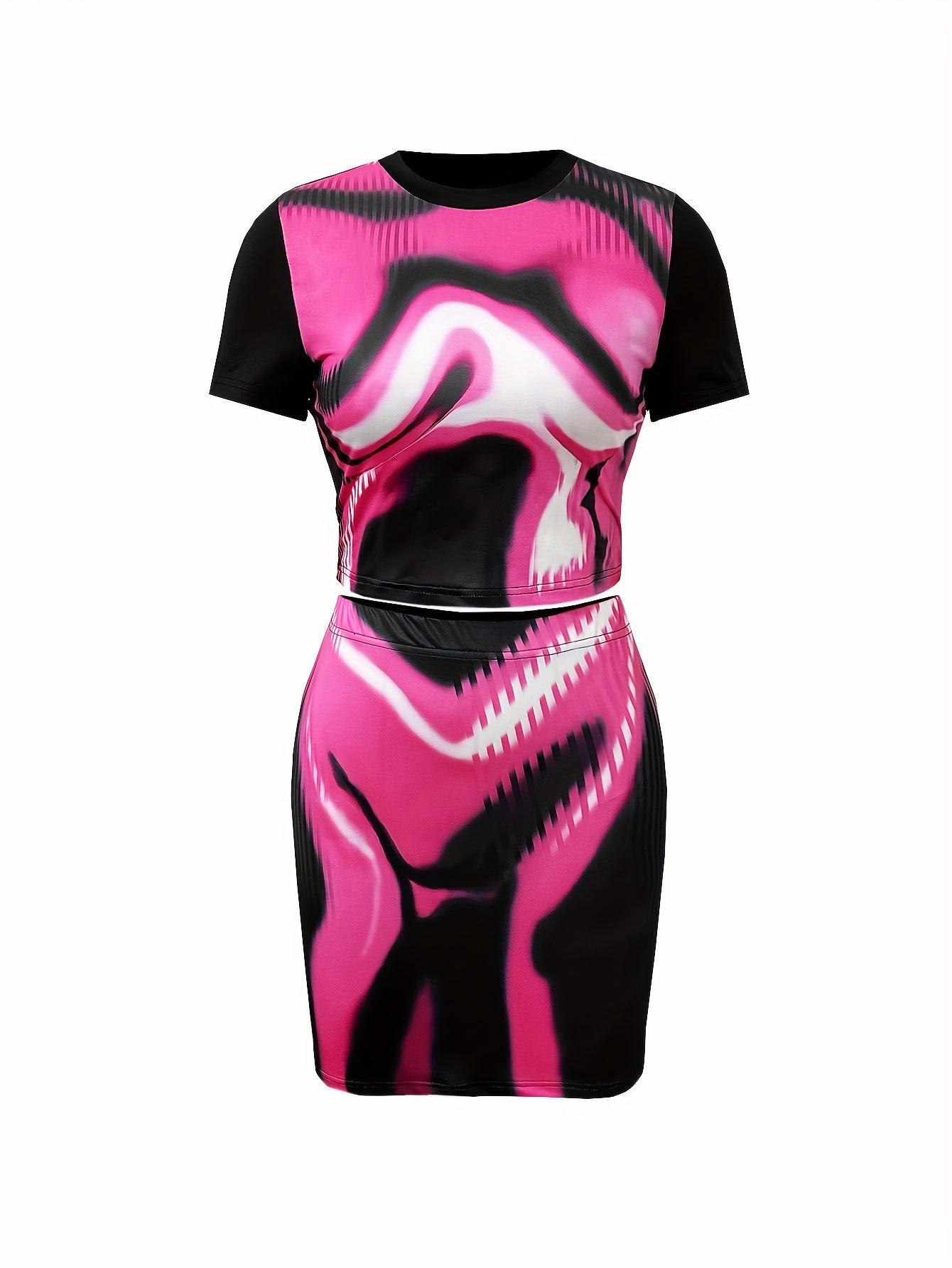 Sexy Slim Body Print Skirt Set, Short Sleeve Skinny Crop Top & Bodycon Mini Skirt Outfits, Women's Clothing