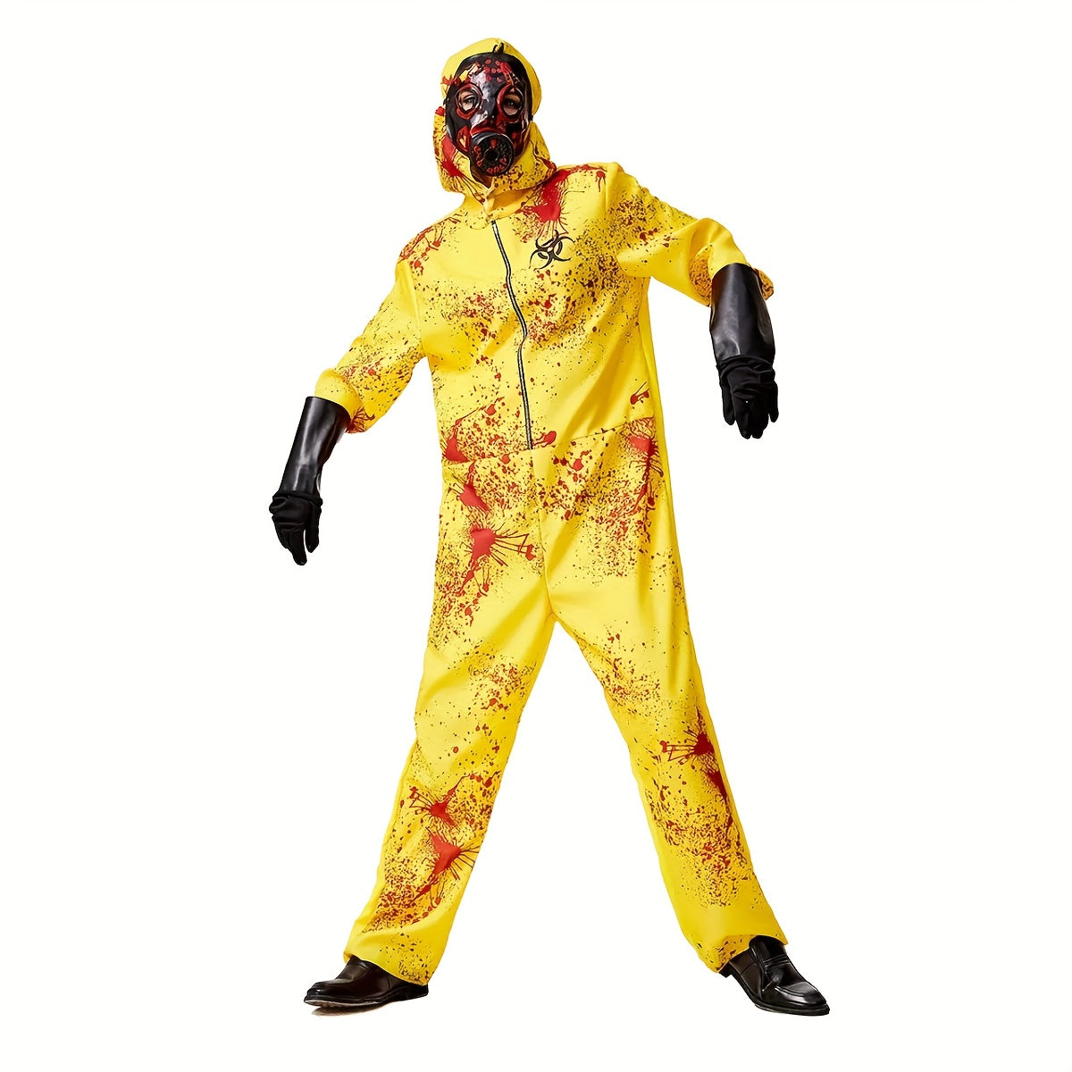 1 Set Full Zombie Costume with Gas Mask & Splatter Effects - Neon Yellow & Red Blood-Splattered Outfit, Hazmat Suit Design with Black Gloves - Easy-to-Wear Outfit for Halloween Costumes, Themed Parties & Horror Events (No Mas