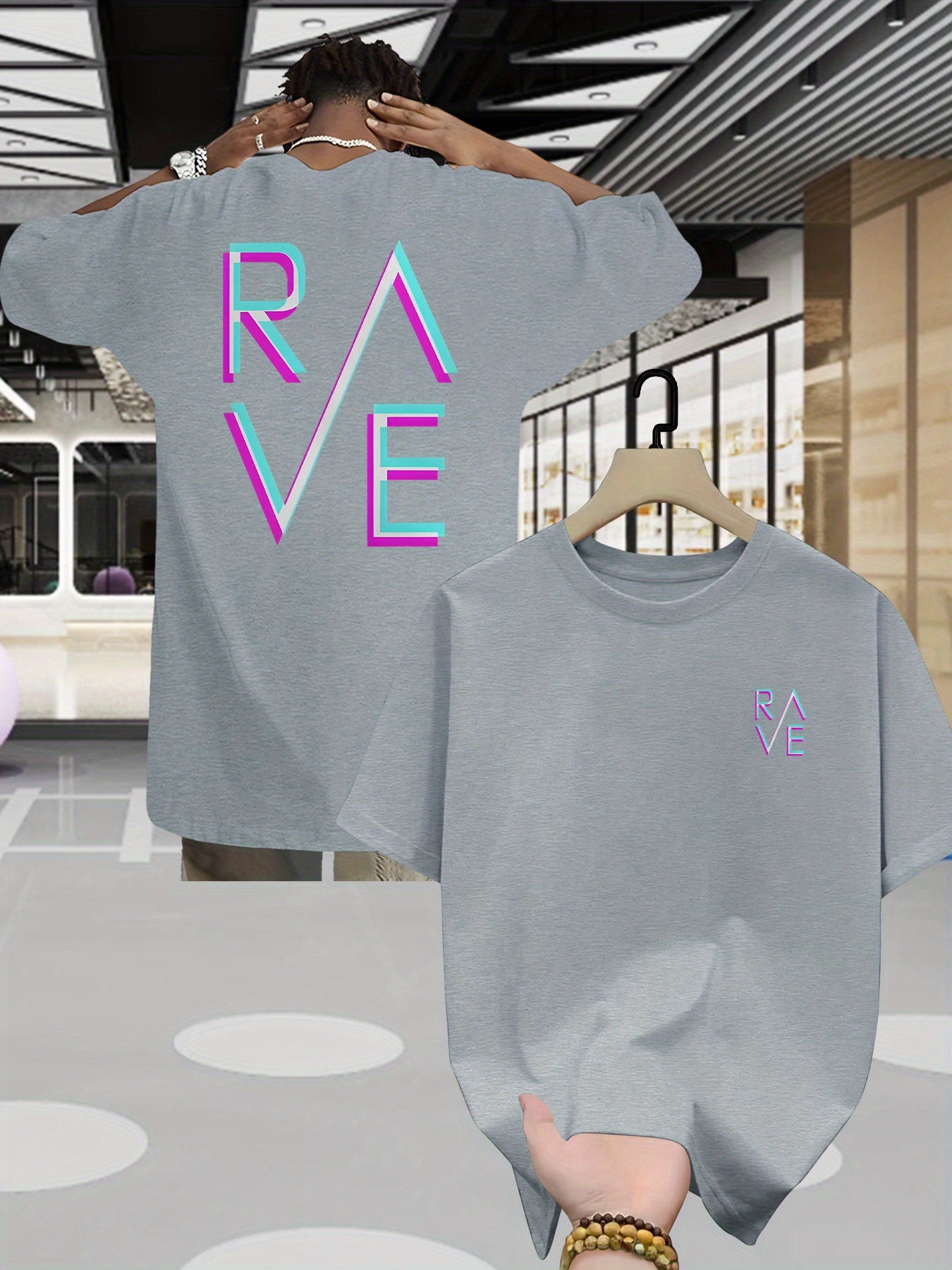 Men'S Summer Casual RAVE Graphic T-Shirt - Black with Pink & White Neon Print, Short Sleeve, Round Neck, Lightweight Polyester Blend, Perfect for Casual Attire, Everyday Tshirt | Round Neck Shirt | Comfortable Fit