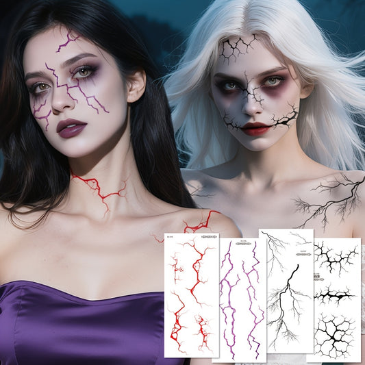 4 Lightning Tattoo Stickers with Floral Blood Vessel Design, Waterproof Halloween Makeup Face Decals - Realistic Black Sketch Temporary Tattoos for Men & Women: Arm, Thigh, Body Art, Long-Lasting Fake Tattoos