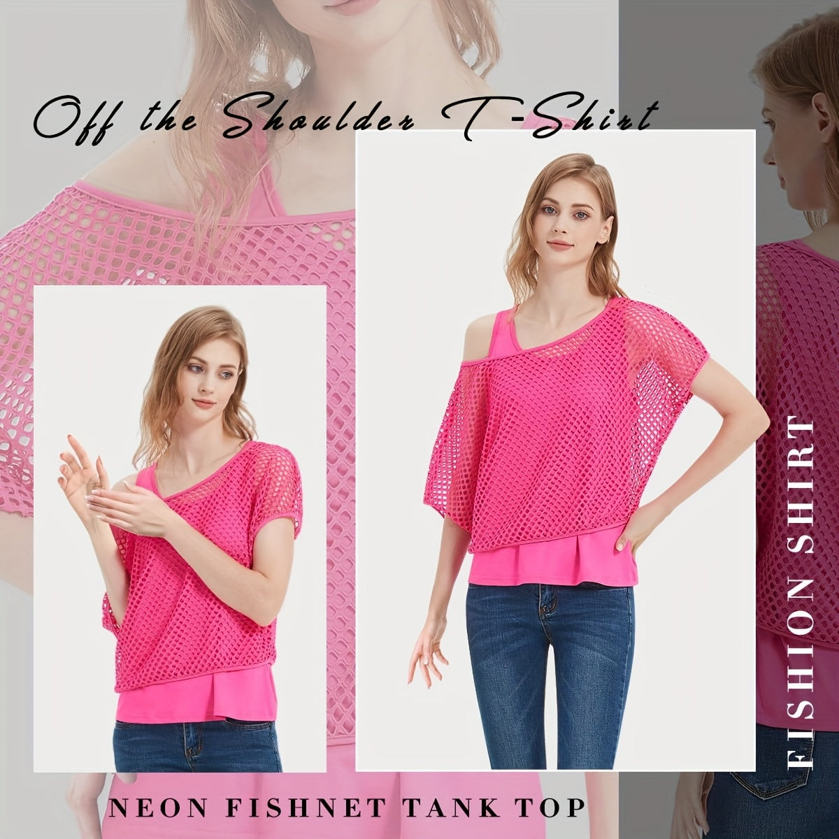 Two-Piece Set Women's Casual Sexy Neon '80s Vacation Tank Top + Fishnet Off-Shoulder T-Shirt