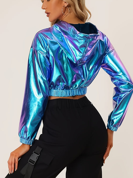Women's Sexy Short-Length Hooded Sweatshirt - Long Sleeve Holographic Golden Metallic Pullover with Drawstring Hood, Stretchy Fabric for Gym Running Casual Wear, Spring/Autumn Fashion, Gym Hoodie, Seasonal Athletic Apparel, E