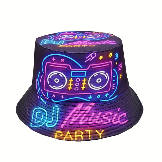 1pc Neon DJ Music Party Hat - Vibrant Printed Bucket Hat with "DISCuss WHAT'S THIS?" Design, Lightweight Polyester, Perfect for Music Festivals & Hip-Hop Themed Events, Disco Party Accessories