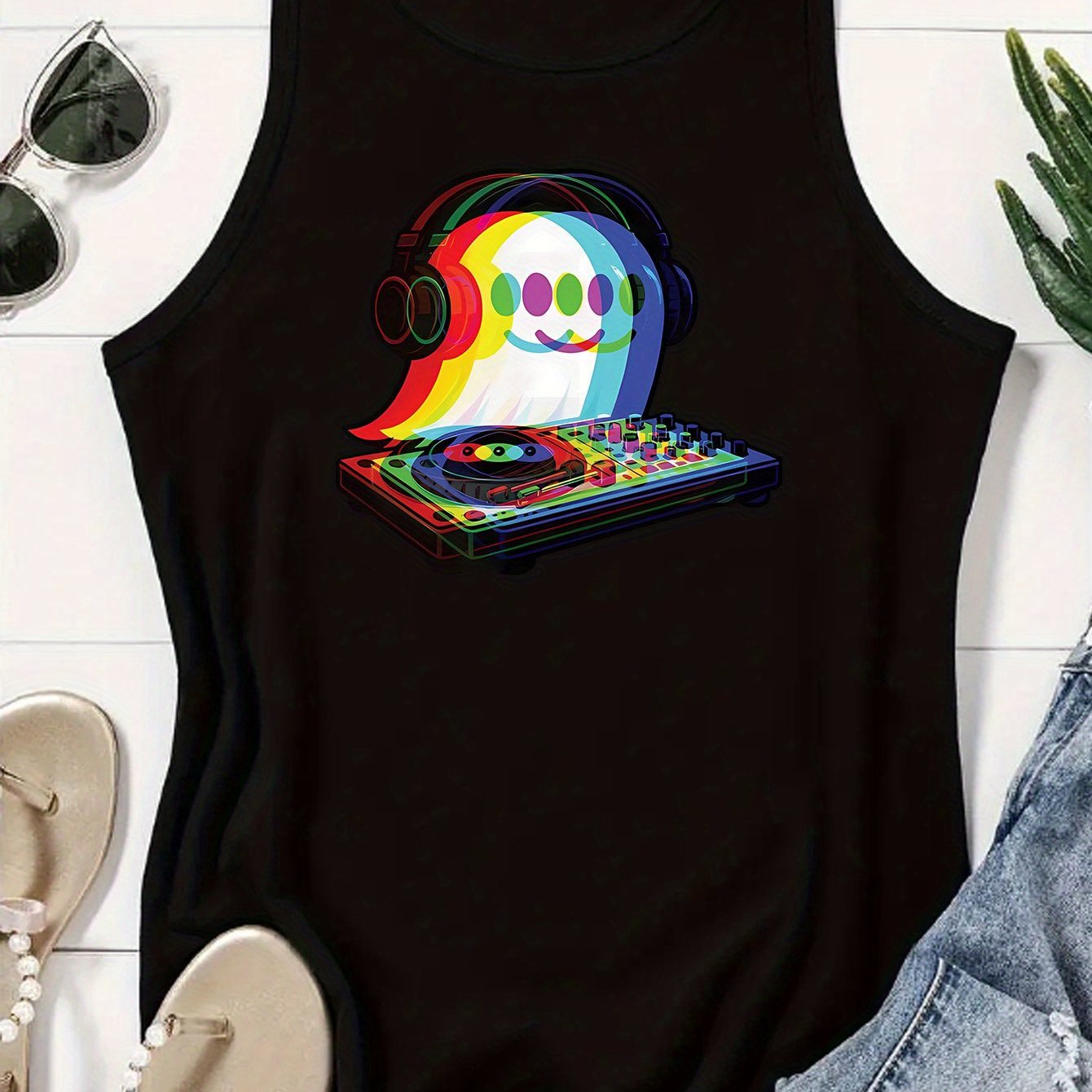 Women's Casual Sleeveless Tank Top with DJ Music Graphic Print - EDM Rave-Inspired Acid House & Psychedelic Pop Design, Stretchy Comfort Fit, Machine Washable for Clubbing, Festivals & Casual Attire, Ladies Tank Tops, Festiva