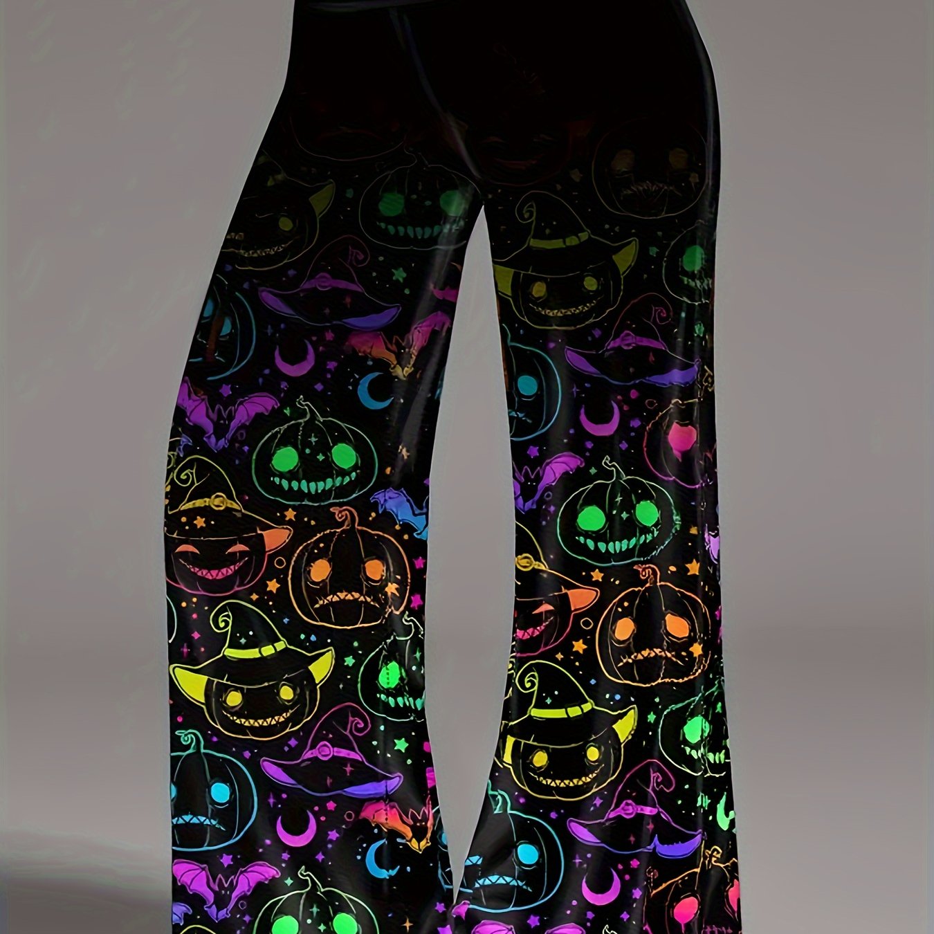 Women's Halloween Wide-Leg Pants - Plus Size Vibrant Geometric Pumpkin & Bat Print on Black Background, Casual Comfort Fit for Halloween Parties & Casual Attire, Halloween Clothes, Seasonal Clothing, Festive Apparel, Charming