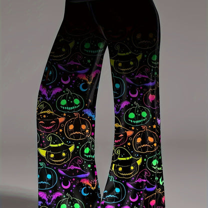 Women's Halloween Wide-Leg Pants - Plus Size Vibrant Geometric Pumpkin & Bat Print on Black Background, Casual Comfort Fit for Halloween Parties & Casual Attire, Halloween Clothes, Seasonal Clothing, Festive Apparel, Charming