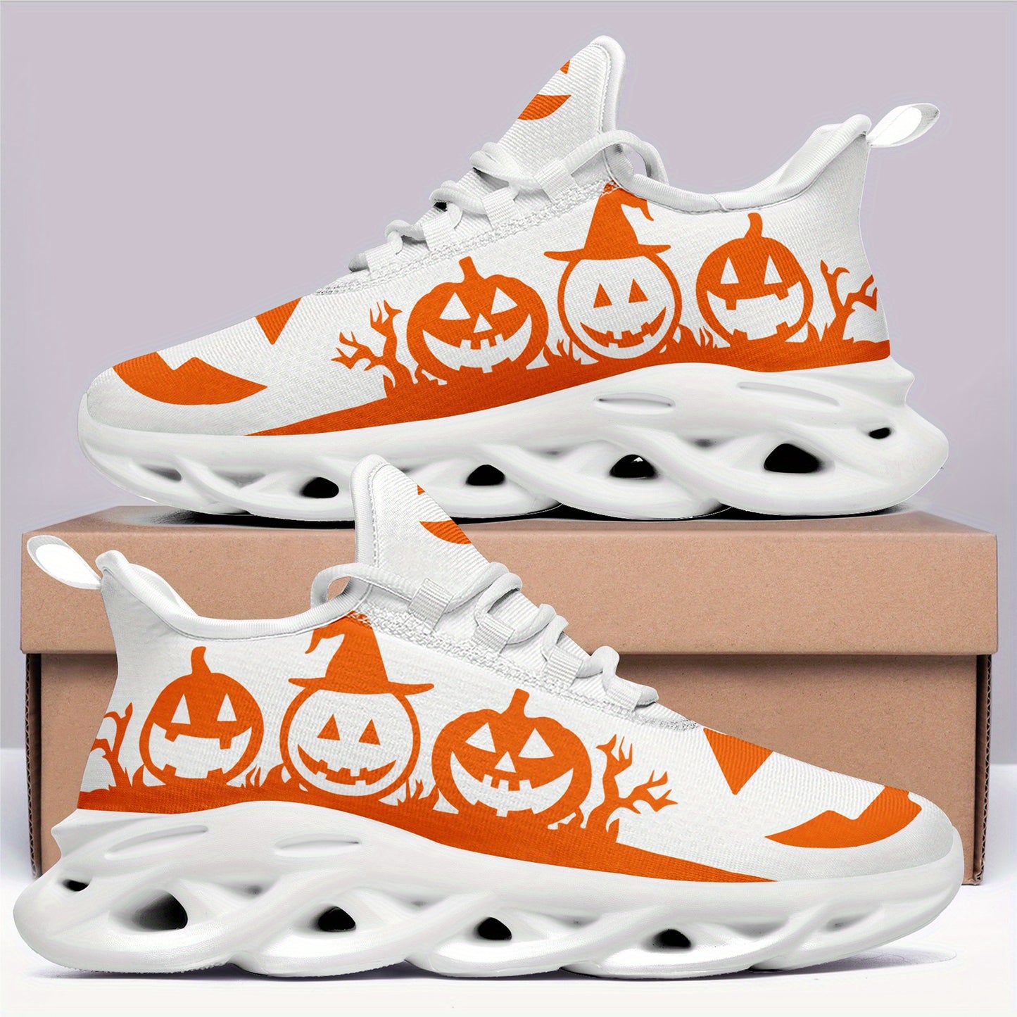 [Halloween Sneakers] Women's Halloween Sneakers - Orange Pumpkin Jack-o'-Lanterns, Lace-Up Trick Treat Shoes, Plus Size Available - All-Season Casual Shoes for Halloween Parties, Casual Attire & Costume Outfits - Lightweight