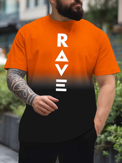 Men's Gradient Rave Graphic T-Shirt - Ice Silky Breathable, Quick-Dry, Round Neck, Short Sleeve, Casual Summer Tee in Vibrant Orange to Black Ombre Design