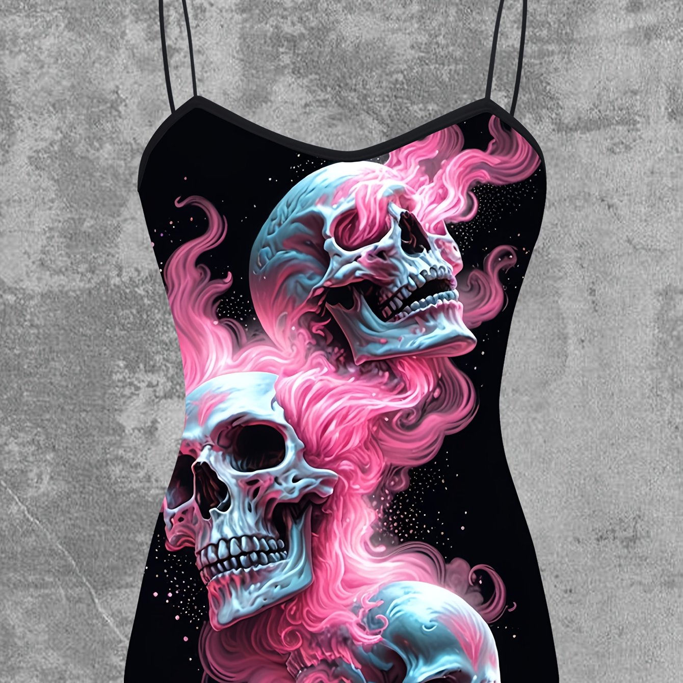 Women's Gothic Pink Flame Skull Graphic Cami Top - Elegant Sleeveless Spaghetti Strap Shirt, Machine Washable, Stretch Fabric, Perfect for Spring/Summer/Fall, Casual Wear | Edgy Chic | Medium Stretch