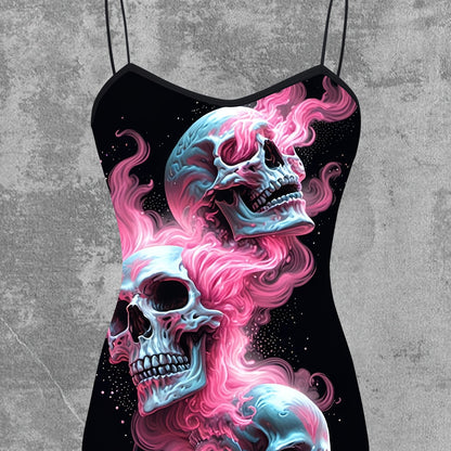 Women's Gothic Pink Flame Skull Graphic Cami Top - Elegant Sleeveless Spaghetti Strap Shirt, Machine Washable, Stretch Fabric, Perfect for Spring/Summer/Fall, Casual Wear | Edgy Chic | Medium Stretch