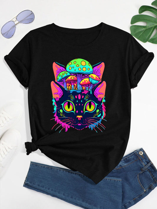 Women's Psychedelic EDM Rave T-Shirt - Black Trippy Cat & Mushroom Graphic Tee, Neon Colors Crew Neck Top for Festival Outfits, Casual Party Clothing - Machine Washable Summer Apparel, Festival Attire, Whimsical Clothing, Sho