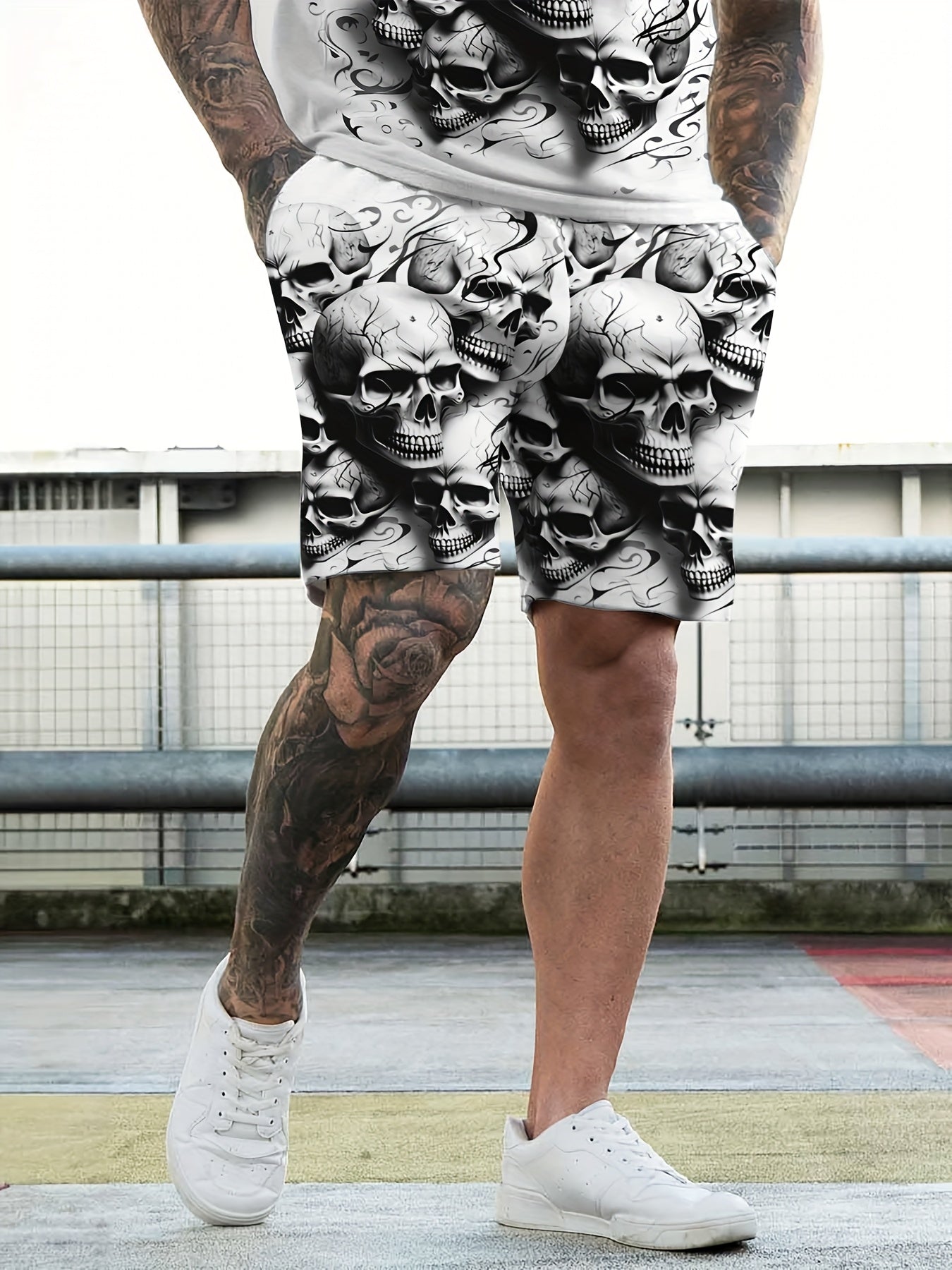 [Skull Print Set] 2pcs Men's Skull Print Set - 3D Graphic T-Shirt & Shorts | Summer Casual Sportswear, Black & White Skull Design, Comfortable Polyester Fabric, Perfect for Casual Attire, Graphic Print Clothing, Comfortable F