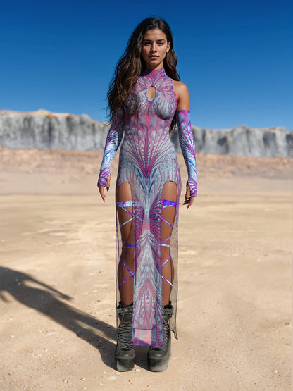 Women'S Cosmic Starry Pattern Futuristic Superhero Costume Dress - Sleeveless Bodycon with Hooded Neck, Geometric Design for Halloween, Cosplay, Themed Parties & Year-Round Fashion