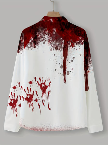 Scary Blood & Handprint Pattern Men's Long Sleeve Lapel Shirt, Men's Halloween Style Clothing For Spring Fall