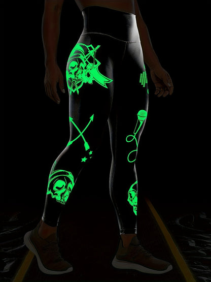 Women'S High-Waisted Stretchy Fitness Leggings with Glow-in-the-Dark Skull Print - Black, Elastic Waistband, Long Length for Running, Yoga & Halloween Party Wear, Yoga Pants, Halloween Leggings, Bold Graphic Pants, Highelasti