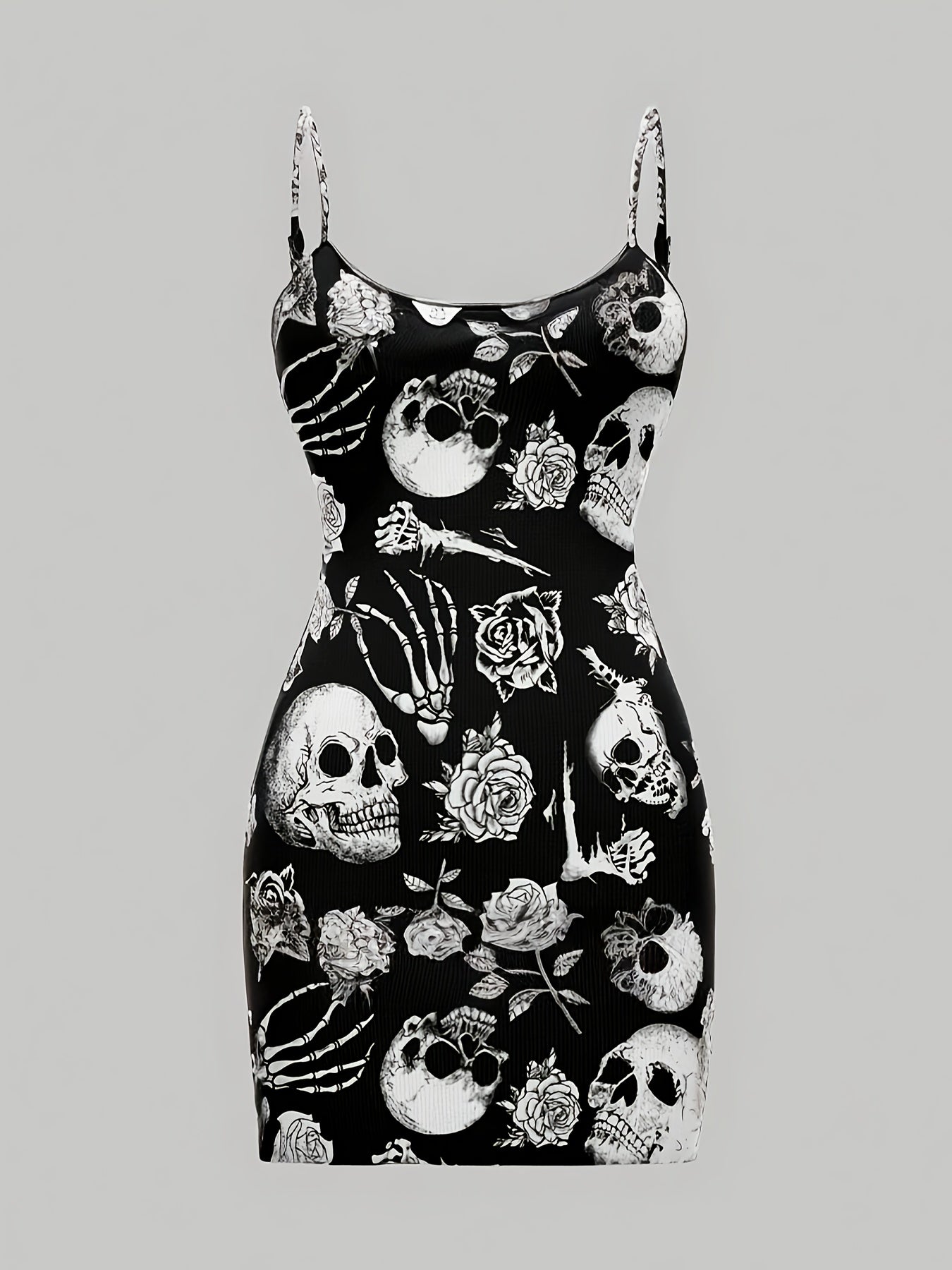[Gothic Boho Mini Dress] Gothic Boho Women's Sleeveless Mini Dress | Black & White Skull & Floral Print, Spaghetti Strap, Round Neck, Machine Washable, Stretchy Party Outfit for Halloween, Casual & Themed Events