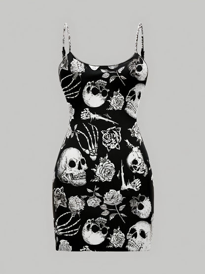 [Gothic Boho Mini Dress] Gothic Boho Women's Sleeveless Mini Dress | Black & White Skull & Floral Print, Spaghetti Strap, Round Neck, Machine Washable, Stretchy Party Outfit for Halloween, Casual & Themed Events