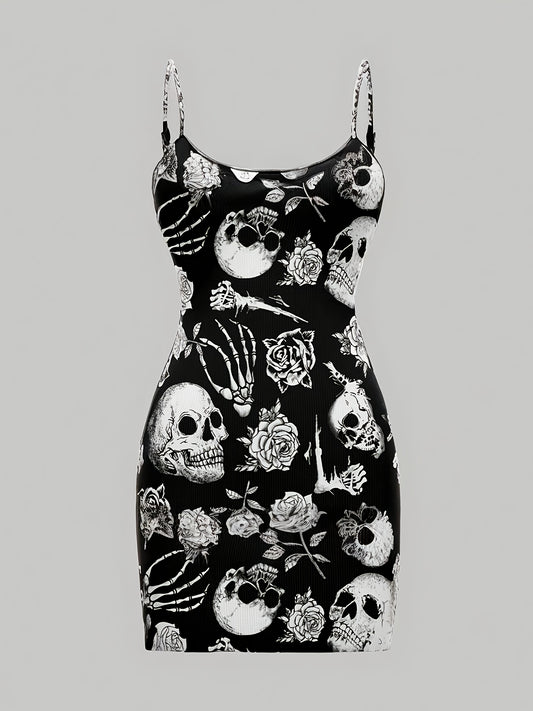 [Gothic Boho Mini Dress] Gothic Boho Women's Sleeveless Mini Dress | Black & White Skull & Floral Print, Spaghetti Strap, Round Neck, Machine Washable, Stretchy Party Outfit for Halloween, Casual & Themed Events