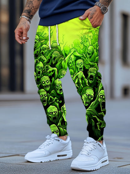 Men's 3D Zombie Horde Print Joggers - Neon Green Casual Pants with Drawstring Waist & Pockets, Full-Body Graphic Design, Regular Fit for Lounge, Gym, or Streetwear - Machine Washable, Jogging Pants, Adjustable Comfort Fit