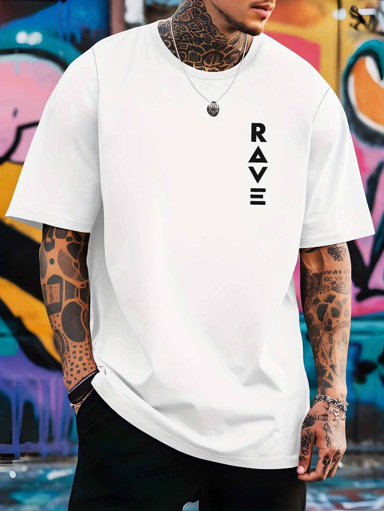R V Men's Short Sleeve T-Shirt - Vibrant Yellow with Bold RAVE Graphic Print, Breathable Round Neck Casual Top for Summer Beach Resorts & Outdoor Activities