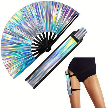 Large Glitter Rave Folding Clack Hand Fan with Holster - Vibrant Mosaic Pattern, Durable Bamboo for Festivals, Halloween, EDM Parties, Burlesque & Drag Queen Performances - Unisex Accessory, Halloween Accessory | Contemporary