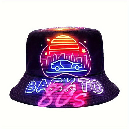 Back to the 80s 90s" Neon Cityscape Bucket Hat - Double-Sided Print, Lightweight & Stylish Fisherman'S Cap, Perfect for Parties & Beach Outings, Machine Washable, Vibrant Purple with Pink & Blue Neon Signs, City Car Design, I