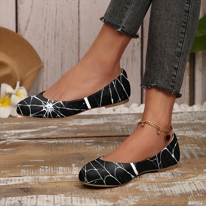 [Spooky Halloween Flats] Gothic Spider Web Flats for Women - Halloween Shoes with Slip-Resistant TPR Sole, Pull-On Closure | Breathable Fabric, Elegant Design for Costume Parties, Themed Events & Everyday Wear - All-Season