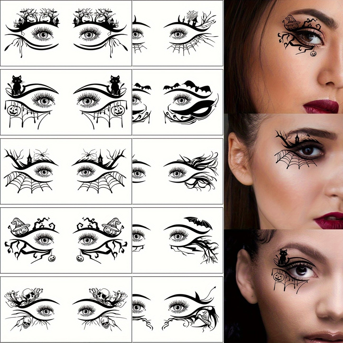 10-Pack Halloween Eye Tattoo Stickers, Skull Pumpkin Cat Bat Spider Web Designs, Festive Party Funny Face Makeup Temporary Tattoo Stickers, Oblong Shape