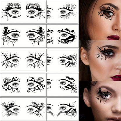 10-Pack Halloween Eye Tattoo Stickers, Skull Pumpkin Cat Bat Spider Web Designs, Festive Party Funny Face Makeup Temporary Tattoo Stickers, Oblong Shape