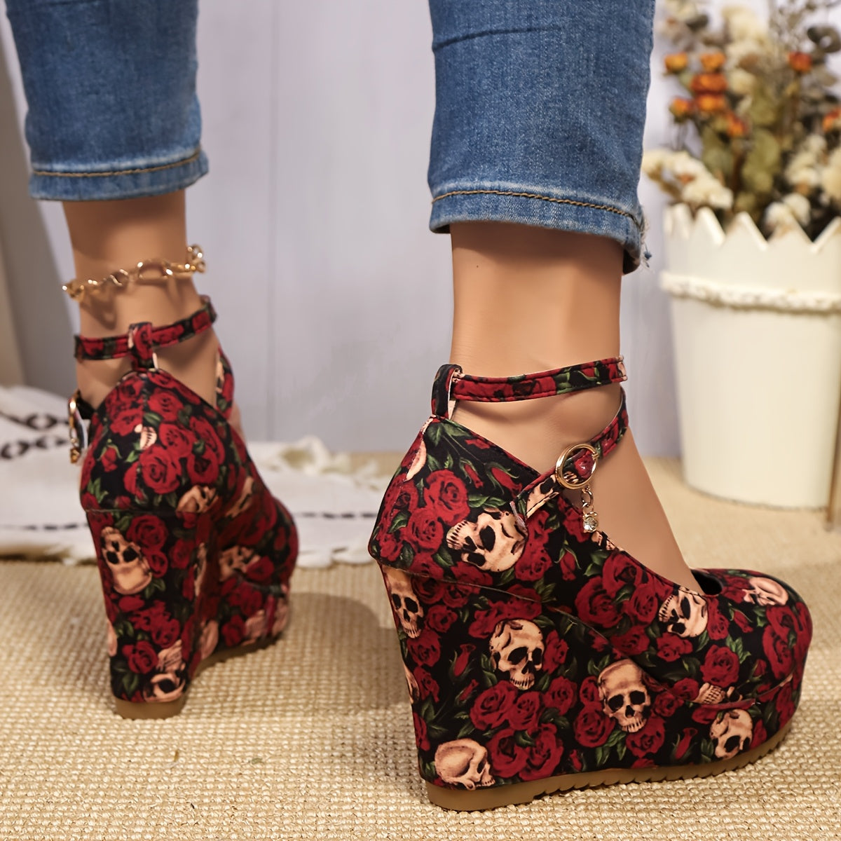 Women's Gothic Rose & Skull Print Wedge Heels - Elegant Ankle Strap Platform Pumps with Metallic Buckle, Red Floral Design on Black Background, Perfect for Casual or Stylish Outfits, Cute Heels