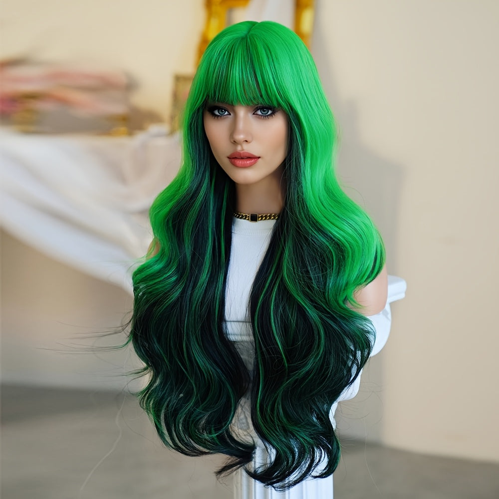 [Halloween Dress Up Wigs] Long Loose Curly Ombre Green Wigs with Bangs | High Density Fluffy Highlight Black Halloween Dress Up Wigs for Women - 30 Inches, Cosplay Accessory, Party Wig, Bangs Wig, Ombre Hairstyle, Durable, Li