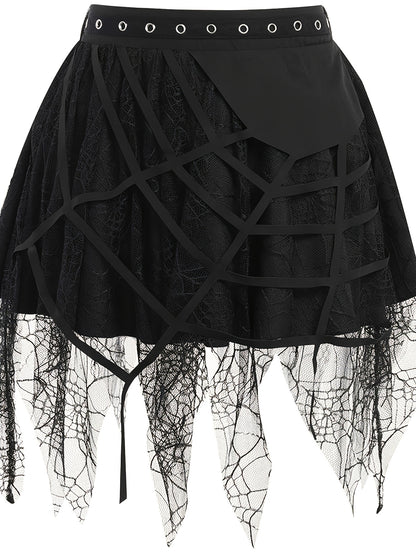 Women's Gothic Punk Gothic Dress with Lace & Layered Hem - A-Line Fitted Short Skirt with Asymmetrical Train, Solid Black Outfit for Concerts, Themed Parties & Casual Attire - Hand Washable All-Season Alternative Fashion Stat