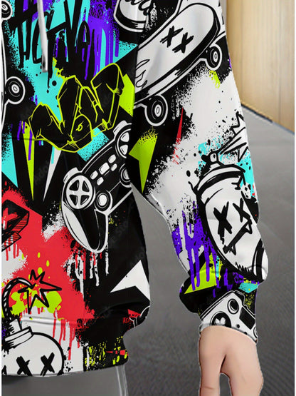 Men's Full-Zip Hoodie - Lightweight Graffiti Jacket with Neon Street Art, Game Controller Graphic Pockets - Zippered Hooded Sweatshirt for Urban Streetwear, Gaming & Casual Outfits - Machine Washable Polyester Outerwear, Dura