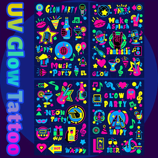 120pcs Glow in the Dark Neon Temporary Tattoos - Waterproof Fluorescence, Rock & Roll Disco Party Supplies for Women, Men, and Adults - Vibrant Fluorescent Tattoo Stickers for Makeup and Rave Events, Party Makeup | Vibrant Ta