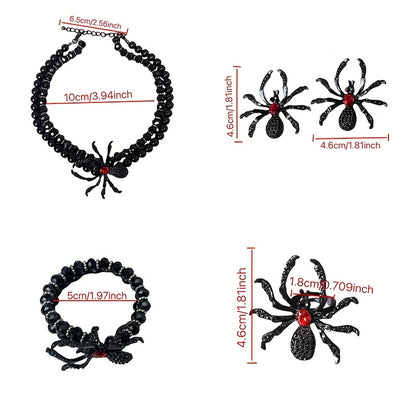 New dark Gothic-style spider jewelry set, perfect for Halloween costume accessories, a must-have for exaggerated European and American parties, a spider necklace, bracelet, adjustable ring and earrings 4pcs jewelry set