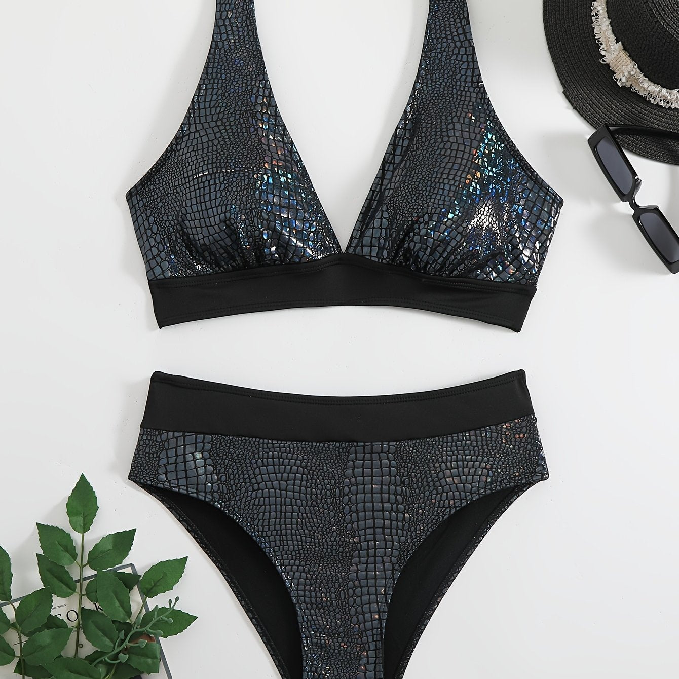 Chic Women'S Snakeskin Print Bikini Set - High Stretch, V-Neck, Stretchy Polyester/Spandex Blend, Machine Washable - Ideal for Music Festivals & Beach Parties, Beach Attire|Vibrant Print Top|Snakeskin Patter