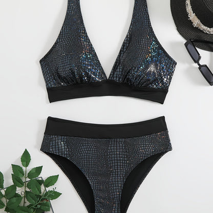 Chic Women'S Snakeskin Print Bikini Set - High Stretch, V-Neck, Stretchy Polyester/Spandex Blend, Machine Washable - Ideal for Music Festivals & Beach Parties, Beach Attire|Vibrant Print Top|Snakeskin Patter