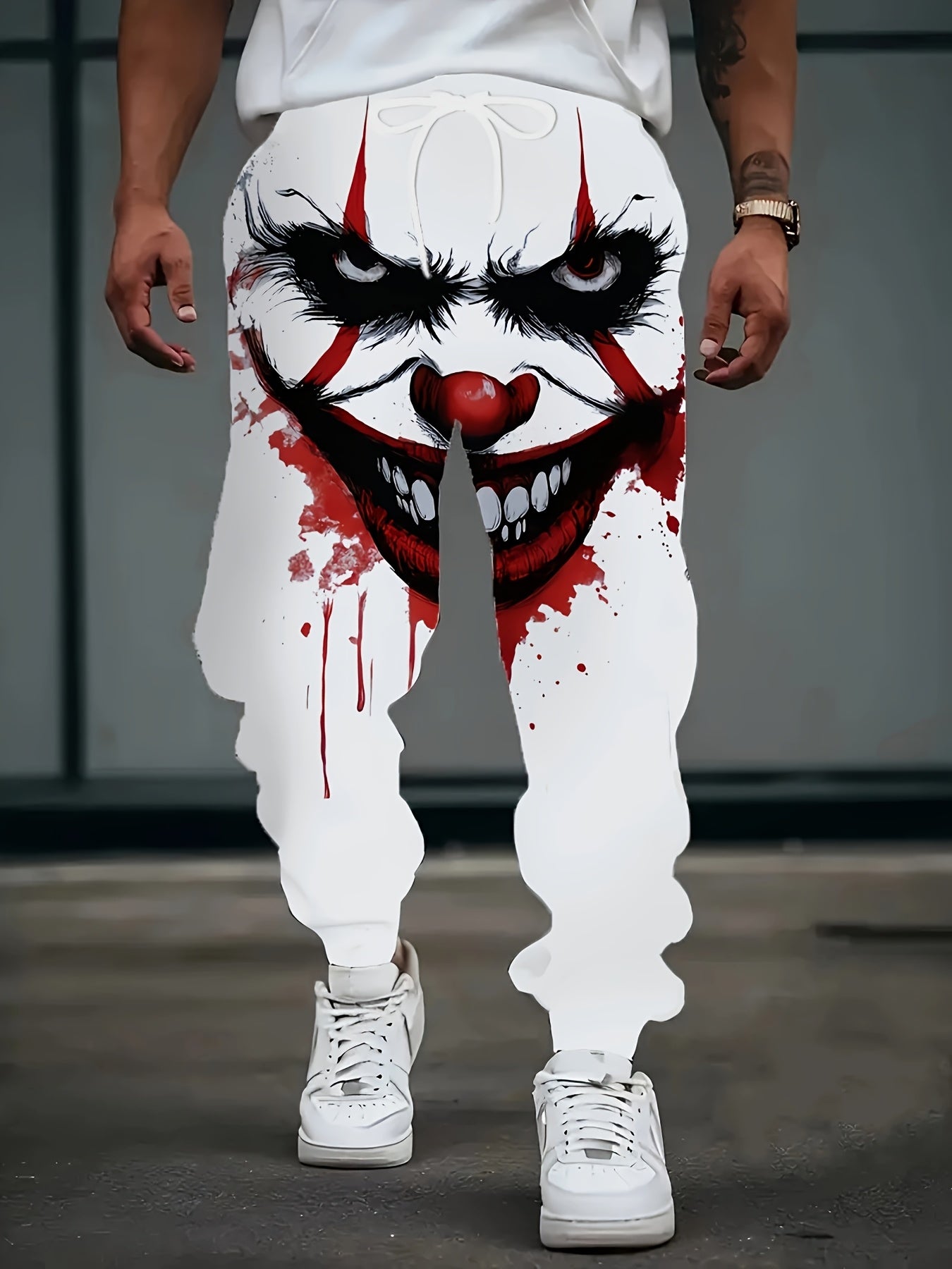 [Scary Horror Clown Pants] Horror Clown Pants for Men | Bloody Splatter Design, White with Red Accents - Costume Party Outfit, Halloween Casual Attire - Funny Scary Jumpsuit Bottoms - Regular Fit Trousers for Everyday or Them