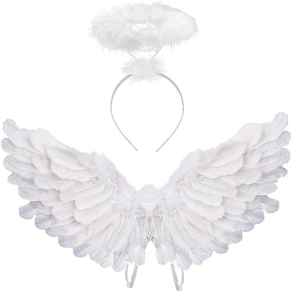 Angel Wings with Halo Costume - Black & White Halloween, Christmas, And Party Costume Accessory for Costume Parties, Halloween Costumes, Festive Attire, Elegant Design, Intricate Detailing for Halloween, Christmas Event & Par