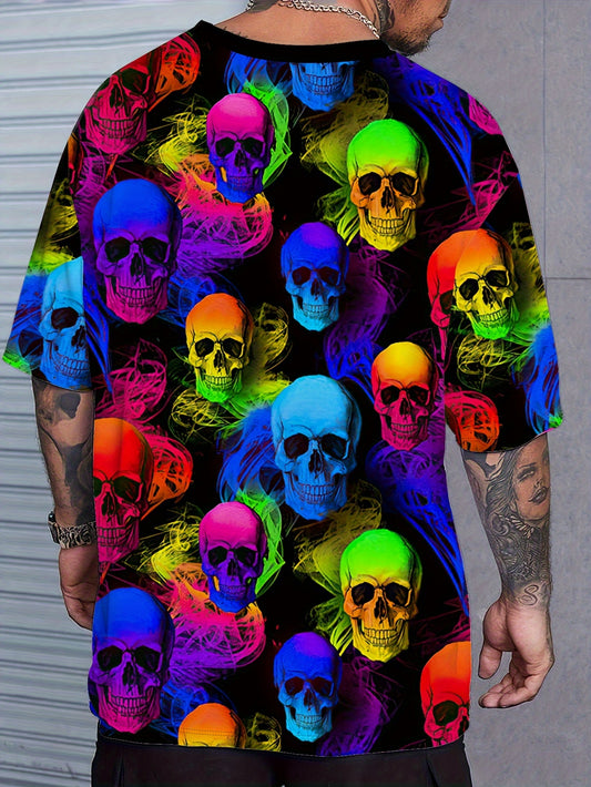 [Bold Skull Print T-Shirt] Men's Casual Short Sleeve T-Shirt - 100% Polyester, 3D Gradient Skull Print, Regular Fit, Machine Washable, Summer Outdoor & Street Fashion, Bold Pattern, Lightweight Fabric, Trendy Look for Young A